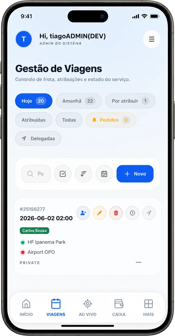 Gestão de viagens na app SyncRide