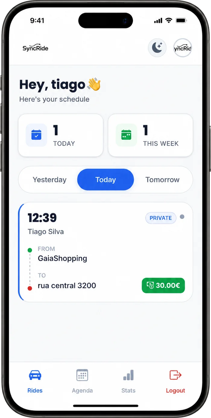 App do condutor SyncRide com a agenda do dia