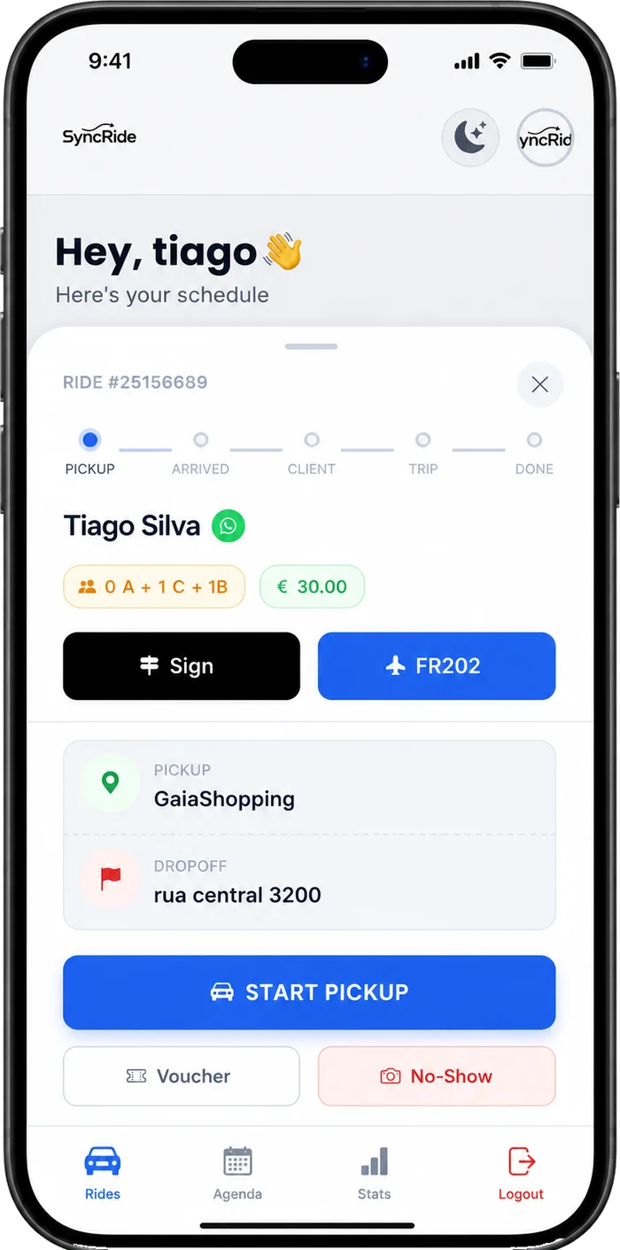 Condutor a iniciar a viagem na app SyncRide