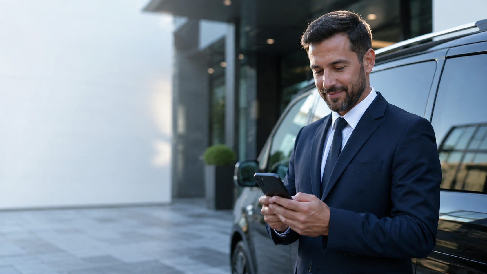 Condutor profissional a receber a próxima viagem no telemóvel, junto a uma viatura executiva